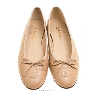 CHANEL Nude Gold Leather Quilted Classic Ballet Flats